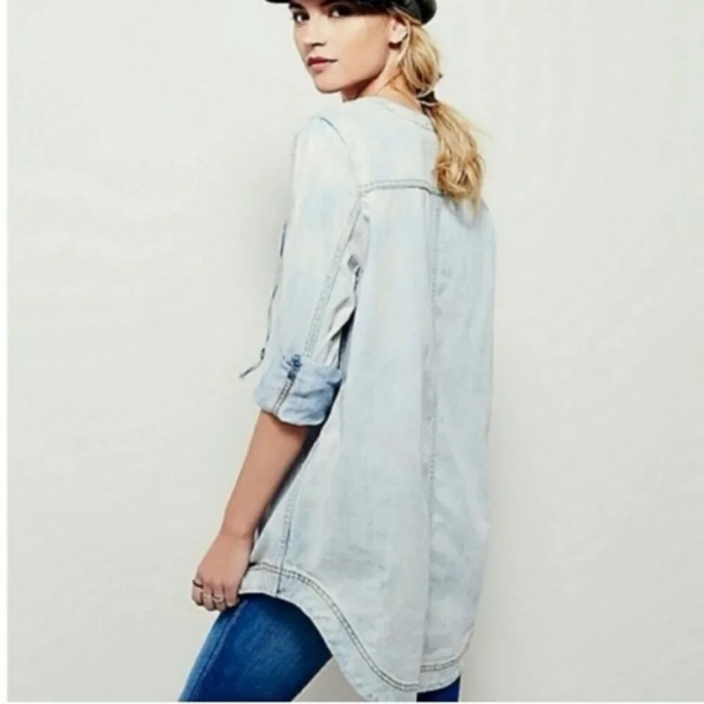 Free People Denim Pullover Neopolitan Dreams Blue Sky Surfer Hippie Lace‎ Up S/P